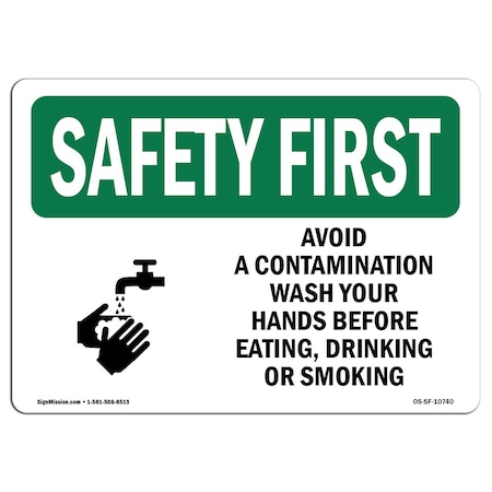 Signmission OSHA Sign, Avoid Contamination Wash Hands, 5in X 3.5in Decal, 10PK, 3.5" W, 5" L, Landscape, PK10 OS-SF-D-35-L-10740-10PK
